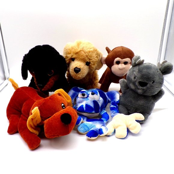 Mixed Lot of 6 Plush Animals Dogs Blue Frog Monkey Small Stuffed Toys Fiesta - Picture 1 of 14